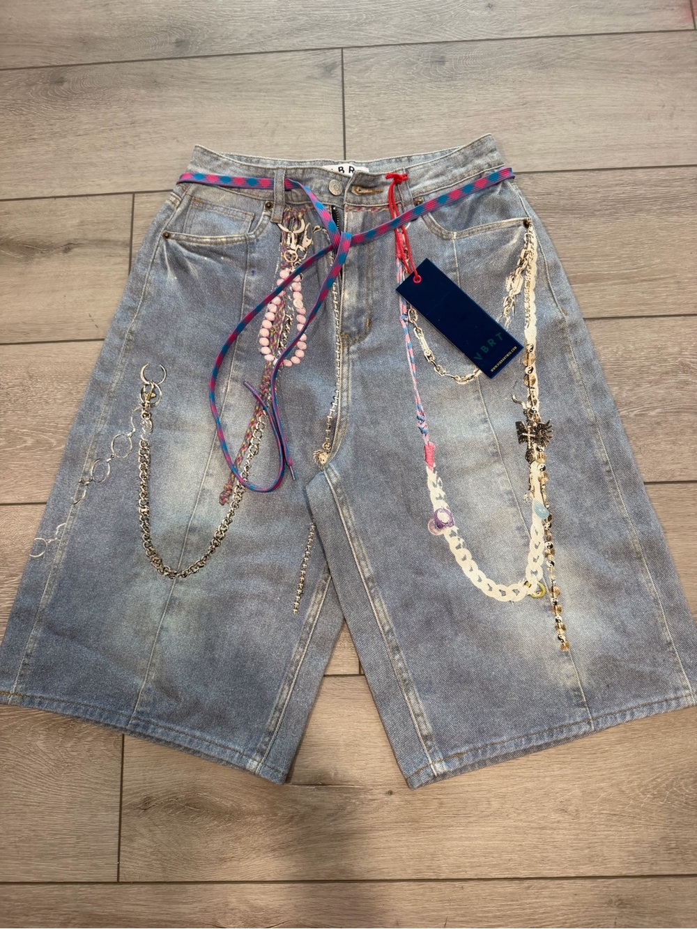 VBRT  Light Blue Denim Chain-Embellished Bermuda Shorts